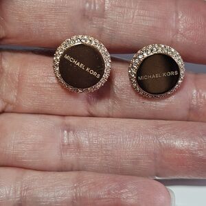 Michael Kors Rose Gold Round Earrings With Clear Crystal Stone Accents